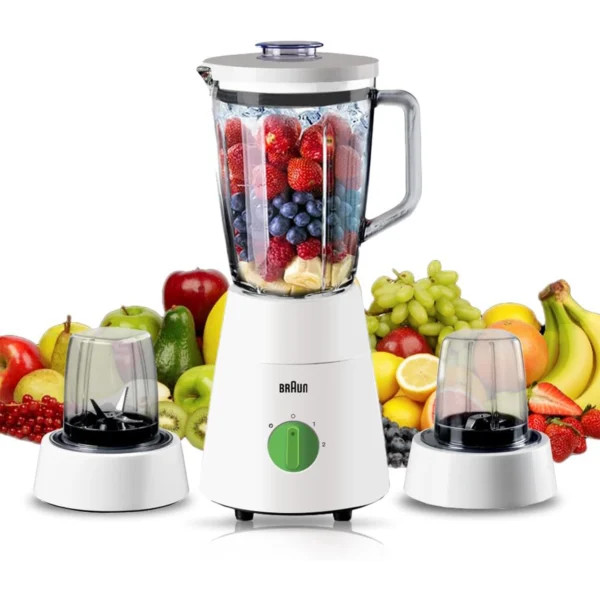 Braun- JB0153WH Mixeur 3 en 1, 500 W, 1,75 L, bol en verre, blanc